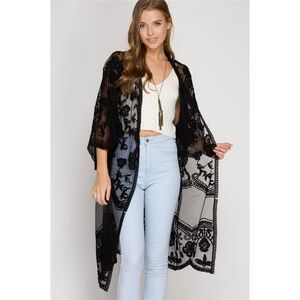 Black Lace Floral Embroidered Mesh Chiffon Kimono Maxi Duster